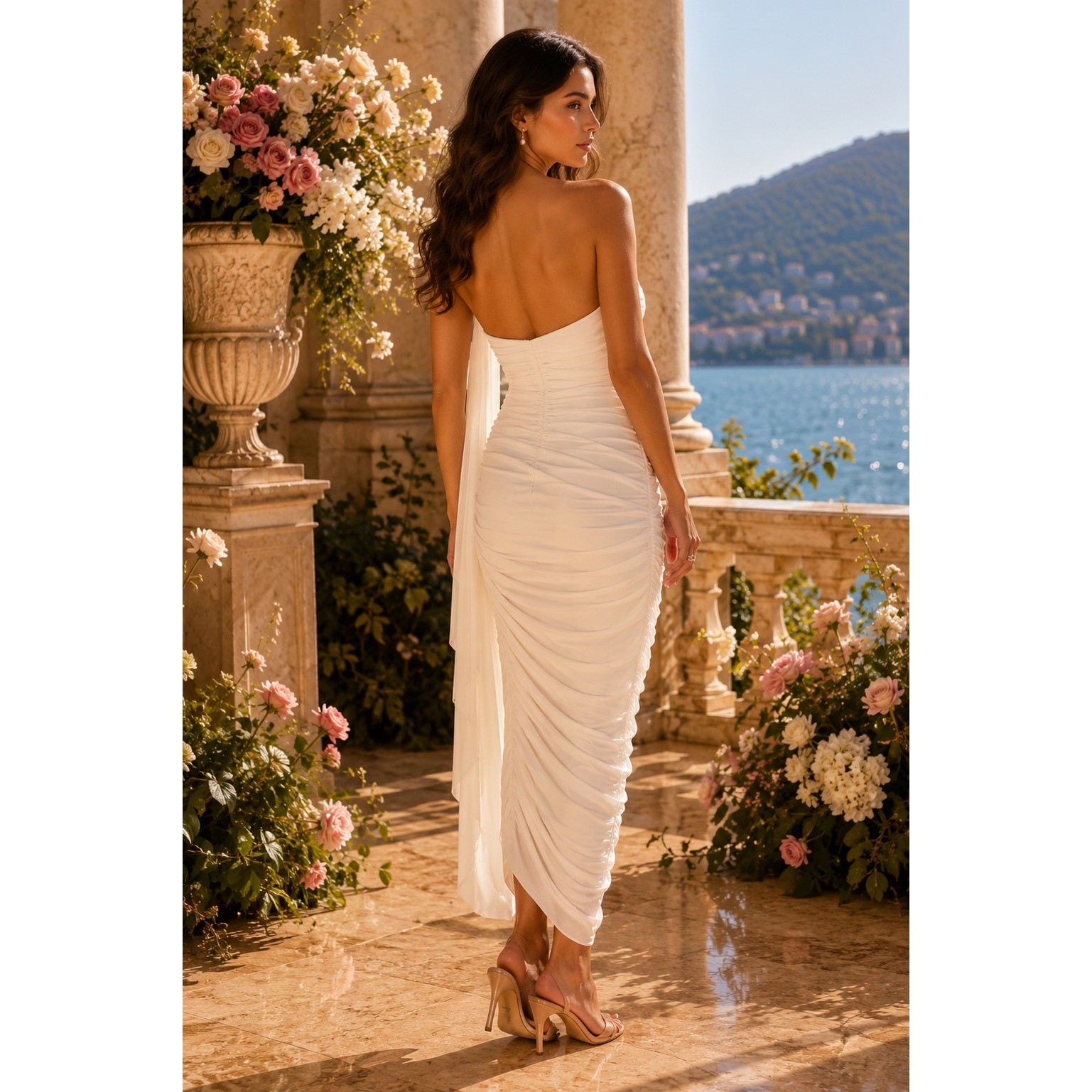 LaceMade NWT Ivory Ruched Floral Appliqué Fairycore Midi Dress Size Large
