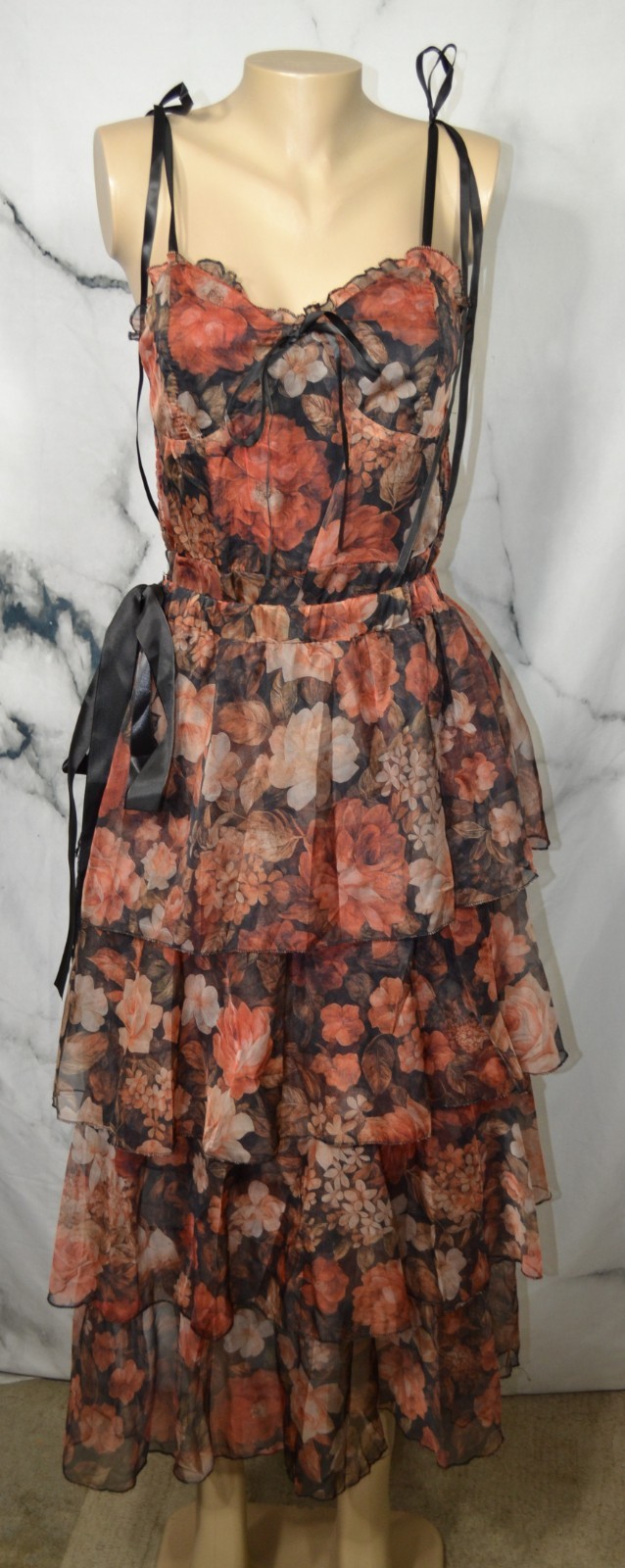 EMVIE’S FASHIONS Black Multicolor Floral Print Strappy Dress And Overskirt Large