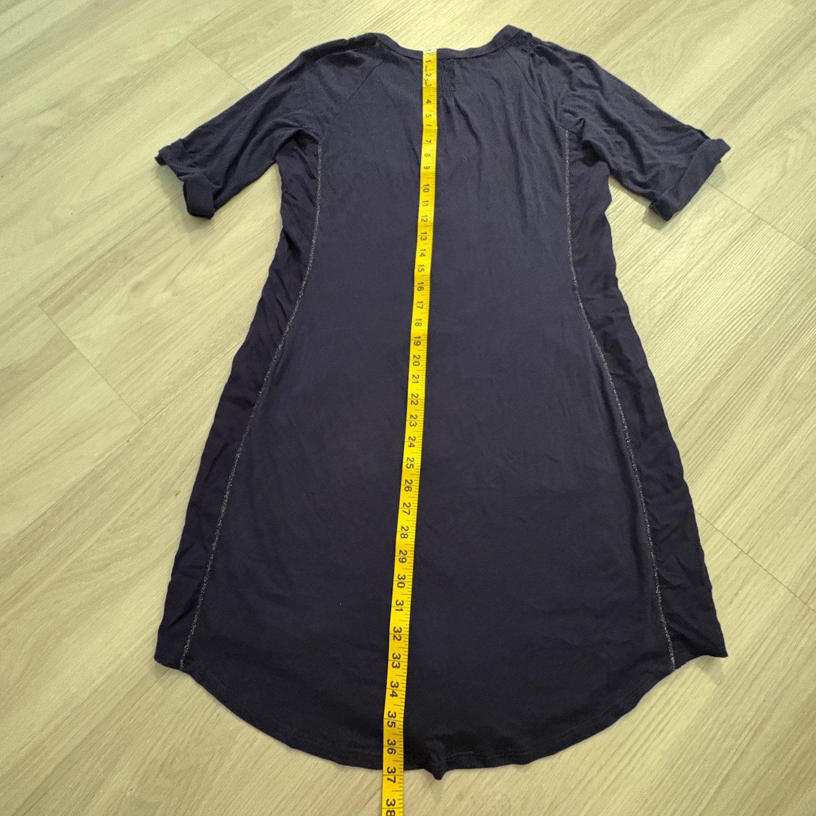 TINY Dress Women Anthropologie Navy Blue Embroidered Boho Shift Short Sleeve L