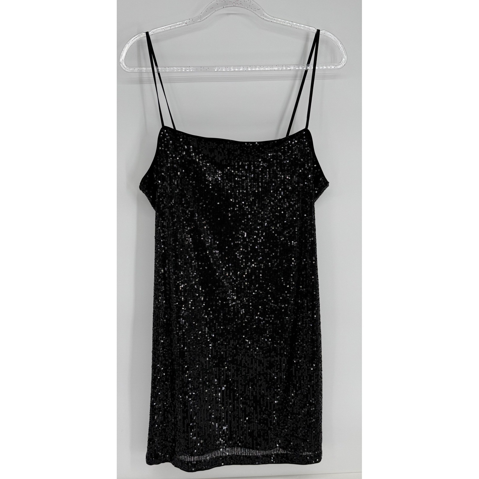 HM Divided Womens Black Sequin Mini Dress Spaghetti Strap Party Sz L NEW