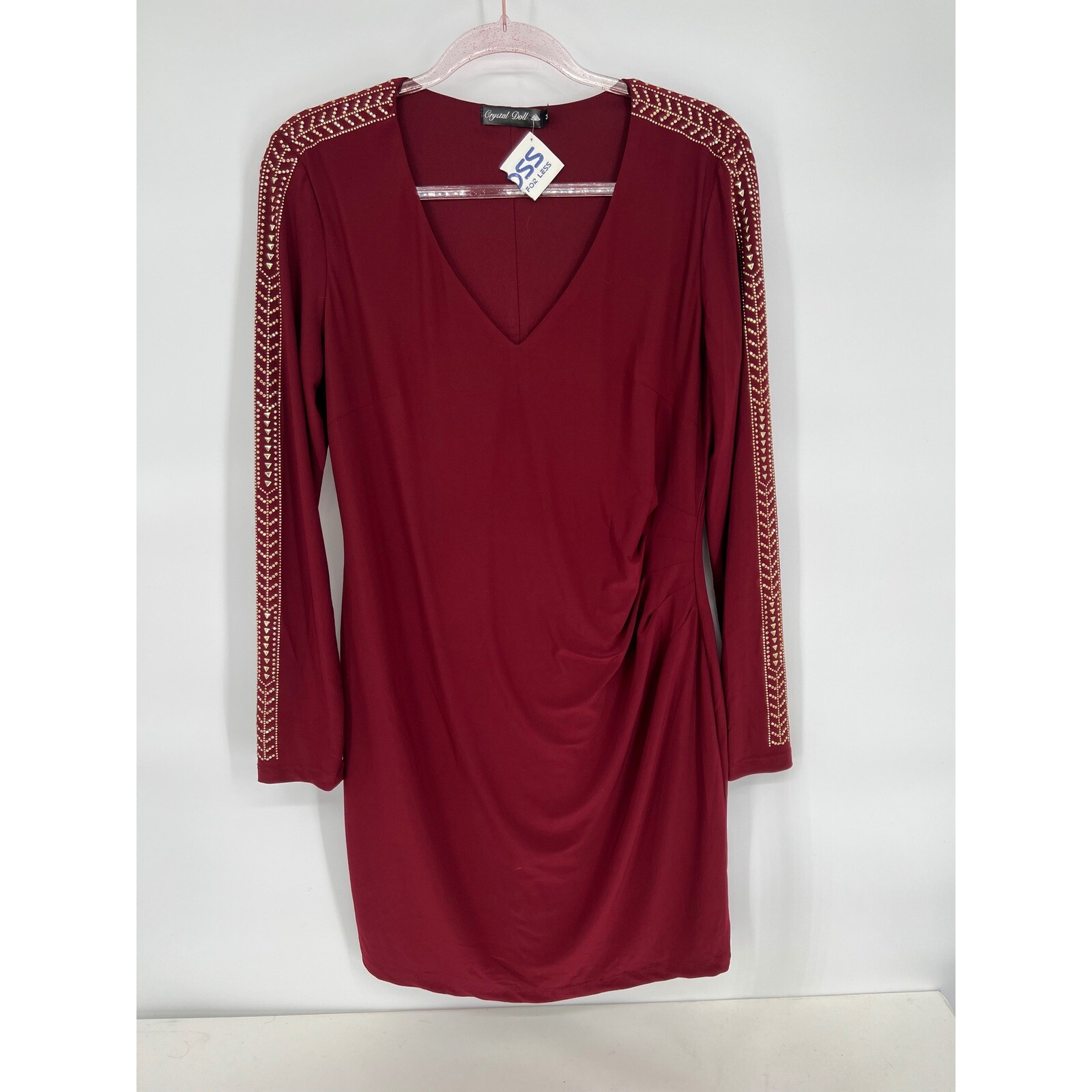 Crystal Doll Party Dress Gold Embellished Long Sleeve V Neck Burgundy Size M