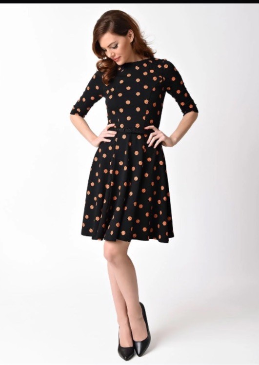 Unique Vintage Halloween Pumpkin Print Jack-O-Lantern Dress Size L 10/12