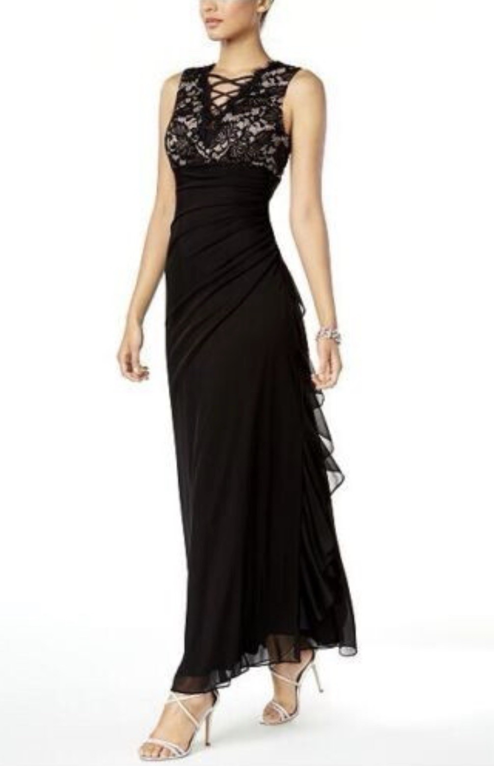 Betsy & Adam Black Lace Ruched Sleeveless Lace-Up Gown Dress 6