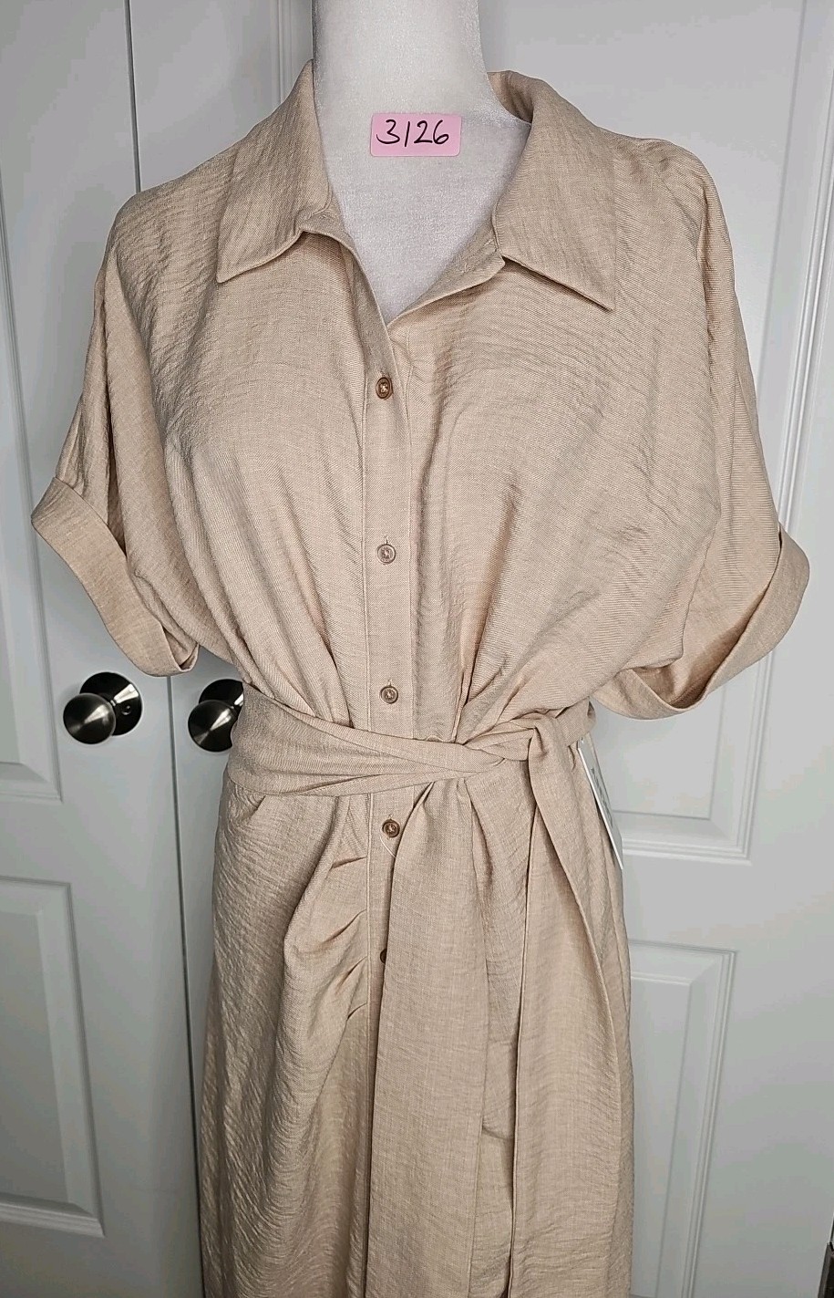 NWT DKNY Donna Karan Cotton Collared Button Belt Midi Shirt Dress Sz 14 Beige