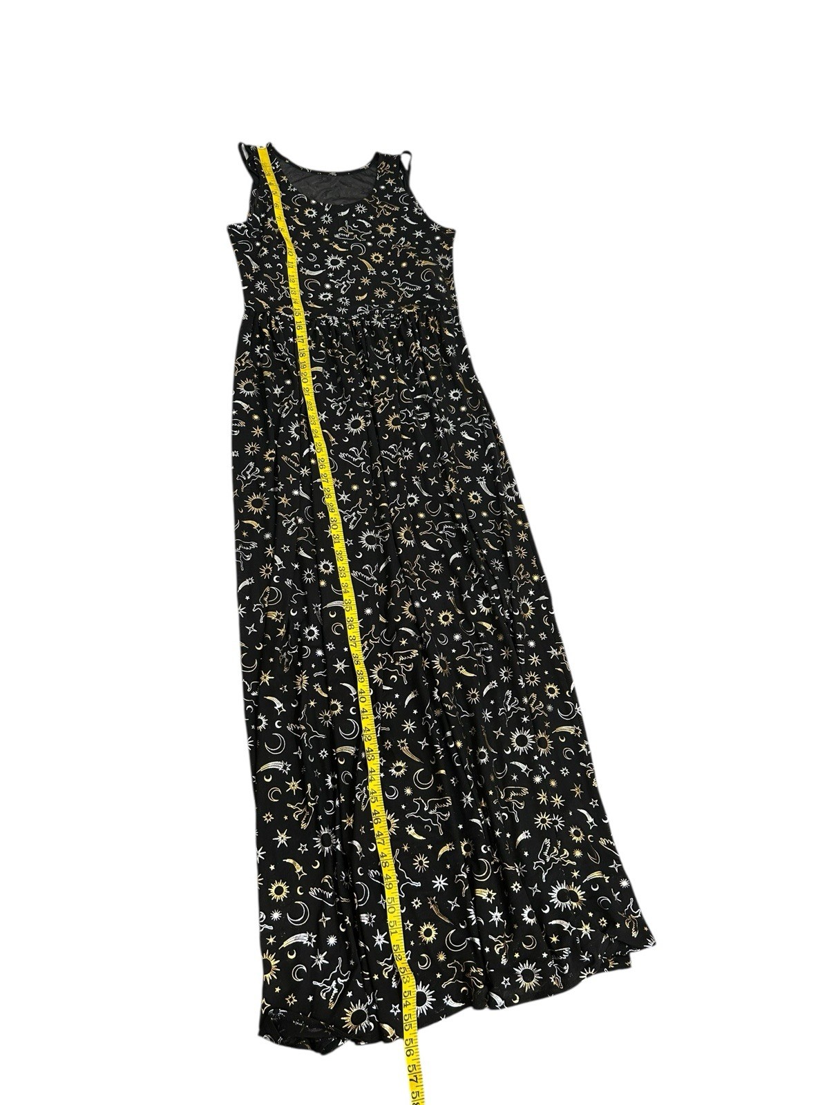Cosmic Aura Astrology Celestial Stars Moon Foil Mesh Maxi Dress Sz M Black Gold