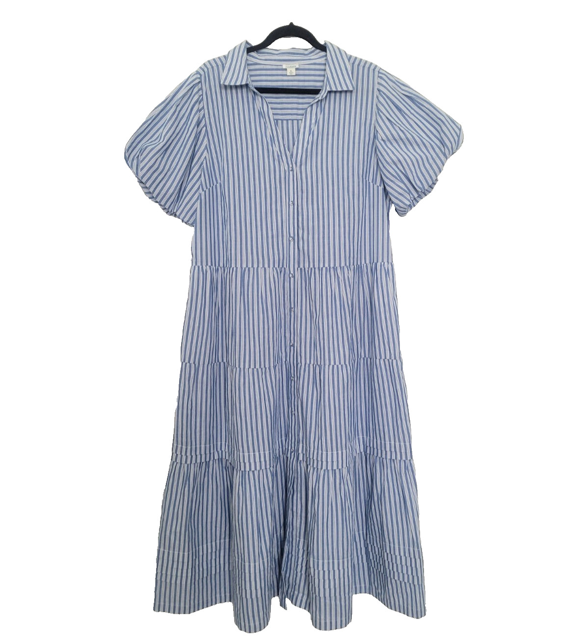 Sundance Striped Puff Sleeve Tiered Button Maxi Dress Size XL Nautical Coastal