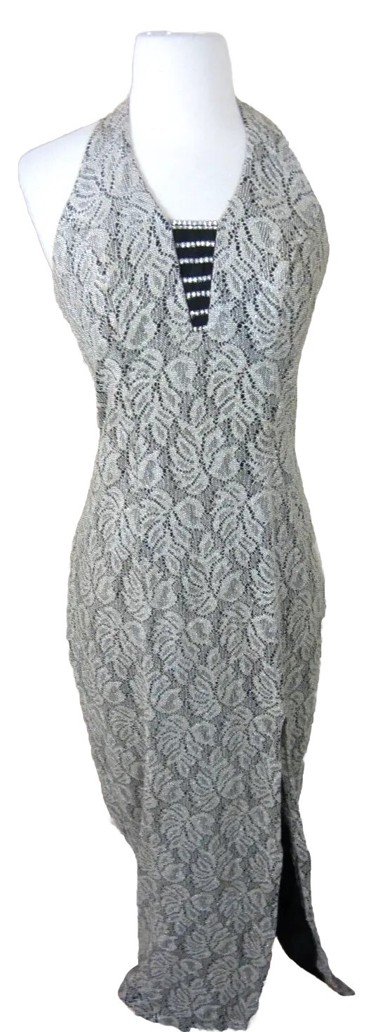 Dave & Johnny Bodycon Halter Maxi Dress Size 7/8 Front Slit Metallic Shimmer Vtg