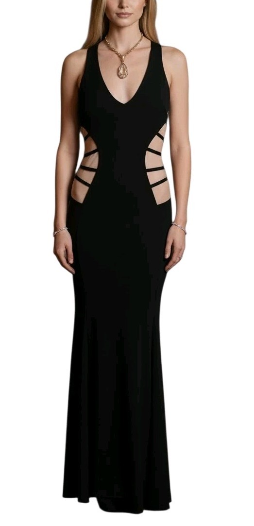 90s Y2k Black Mesh Cut-out Razor Back Grunge Witchy Goth Retro Maxi Dress Sz 9