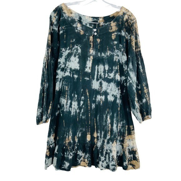 Anama Cotton Babydoll Ruffle Mini Tunic Dress Womens M Black Tan Tie Dye