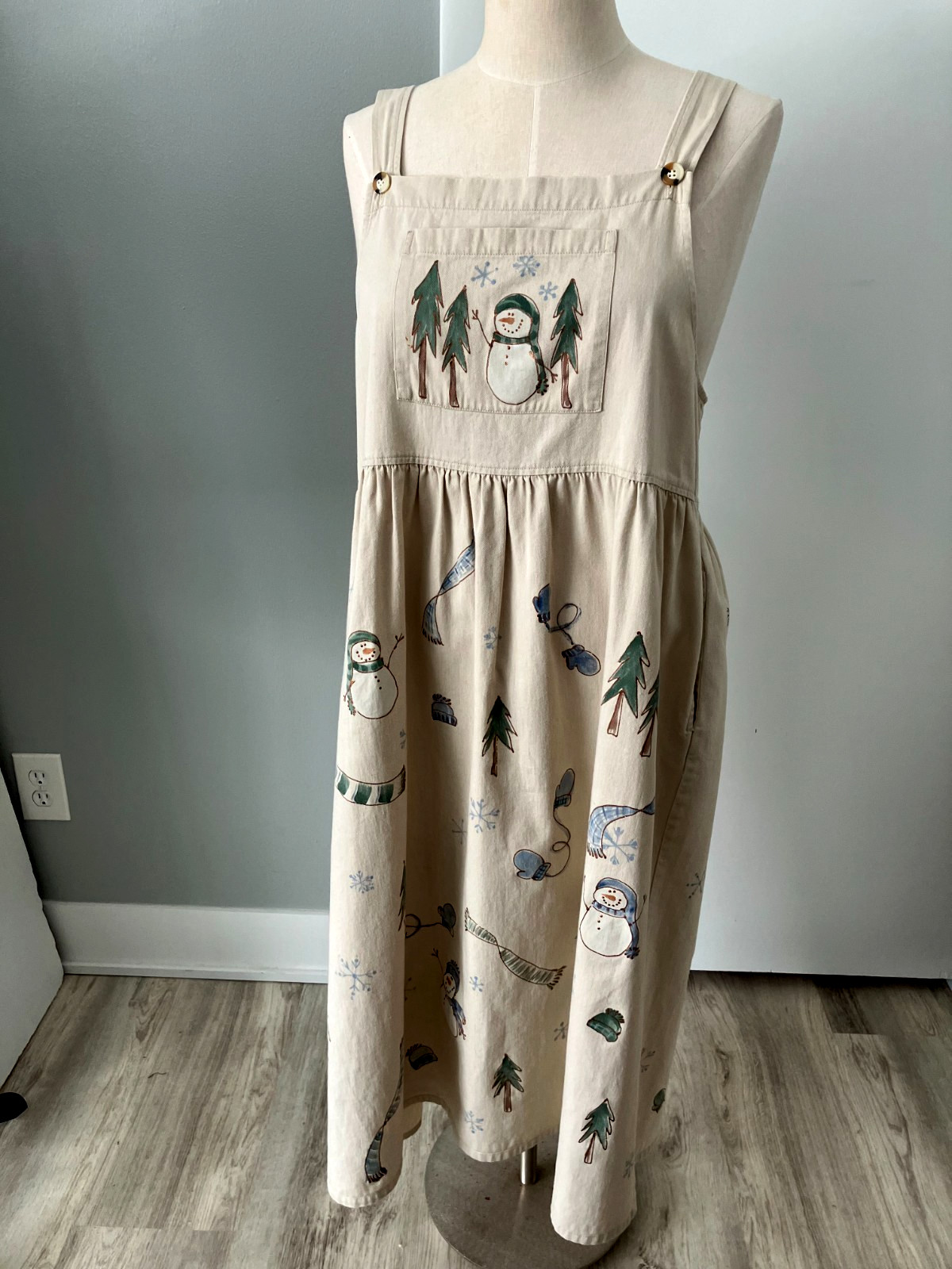 VTG *SUNBELT* Snowman Jumper Dress Size L Cotton 90’s Cottagecore Hand-painted