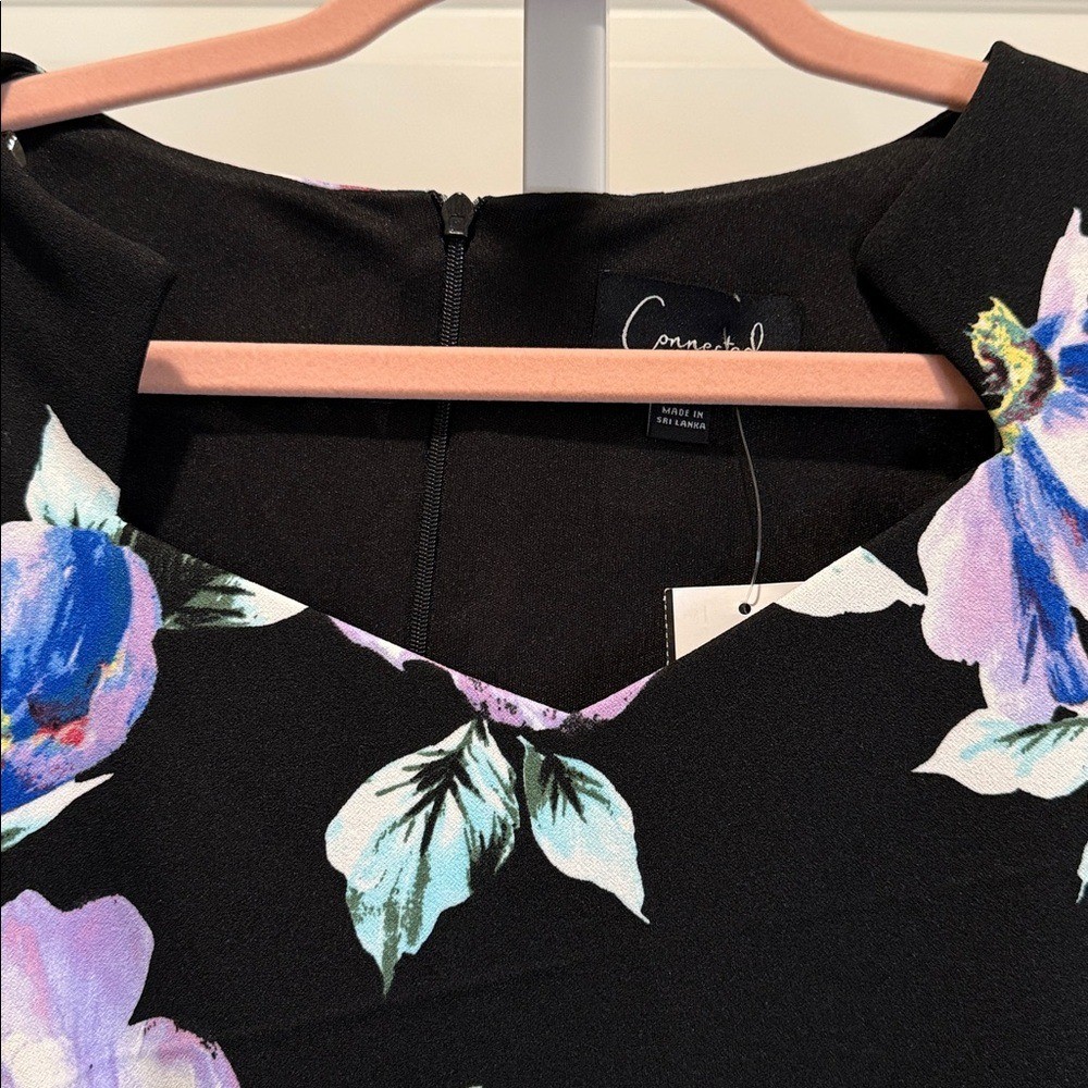 Connected Apparel Black Floral Print Sheath Dress 10 NWT Wedding Guest Romantic