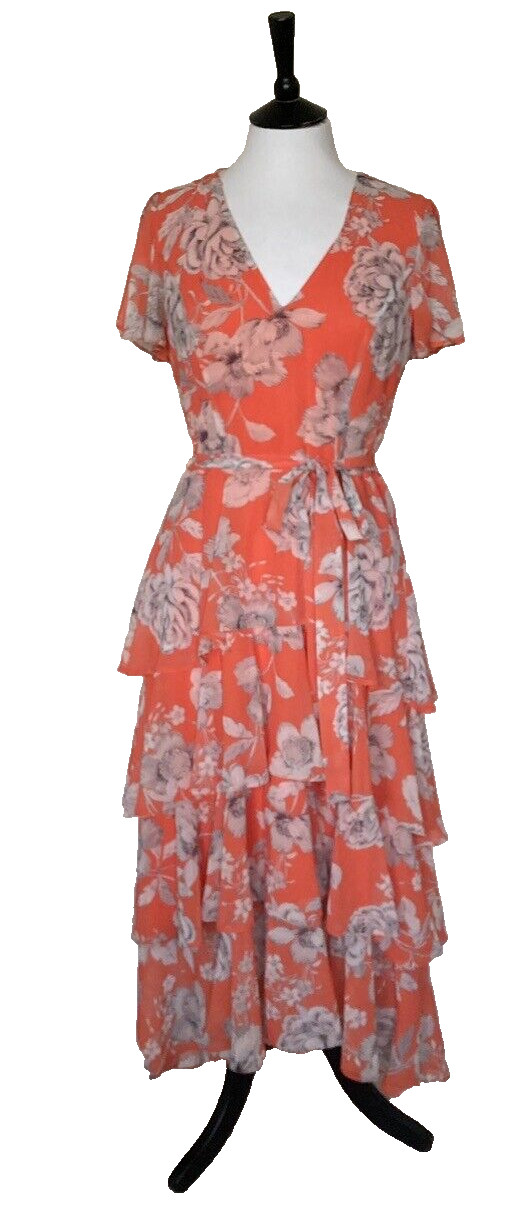 ROMAN ~ Orange Floral Short Floaty Sleeve Ruffle Layered Dress Sz 10