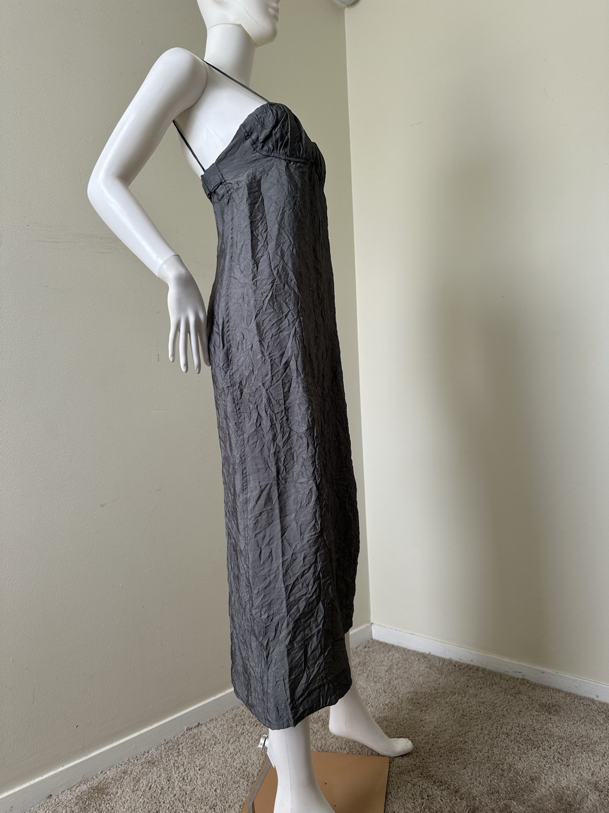 Zara : Ruched Midi Slip Dress Viscose Polyamide Strappy Sleeves Backless Lined