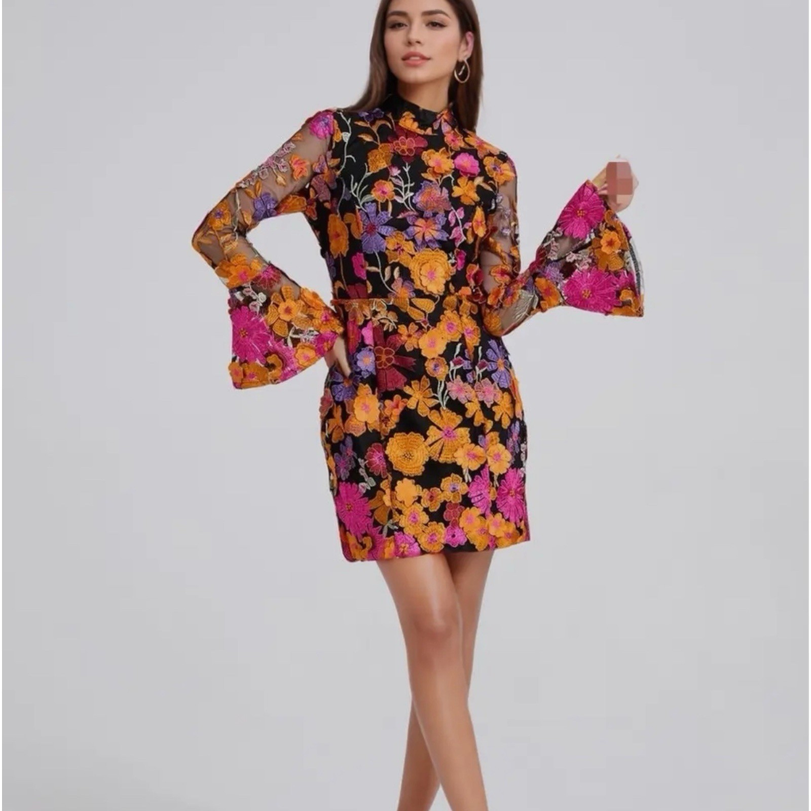Luxury Sheath Mini Dress Size L Lace Fabric Orange Black 3D Floral Embroidery