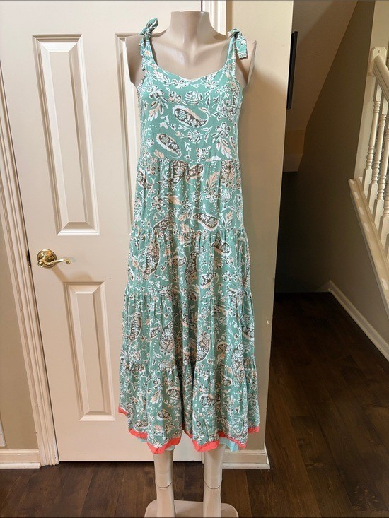 THML Mint Green Paisley Tie-Shoulder Tiered Midi Dress with Coral Trim