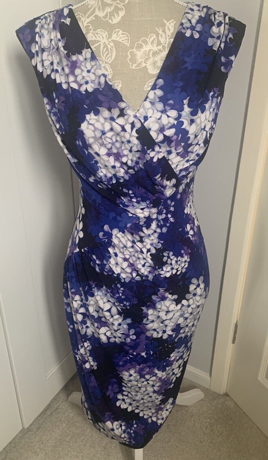 PHASE EIGHT ROYAL/PURPLE/BLACK WIGGLE DRESS SIZE 10 , LINED WEDDING VGC