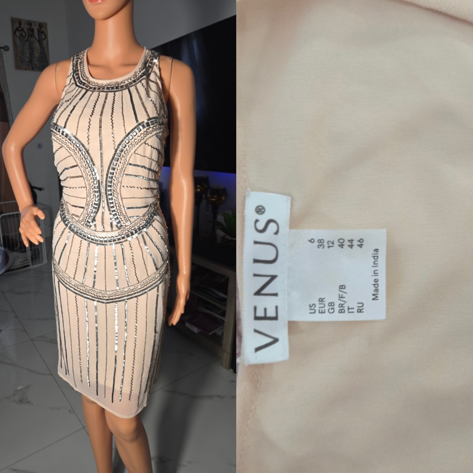 VENUS 6 Beige Beaded Sequin Round Neck Sleeveless Cutout Knee Bodycon Dress