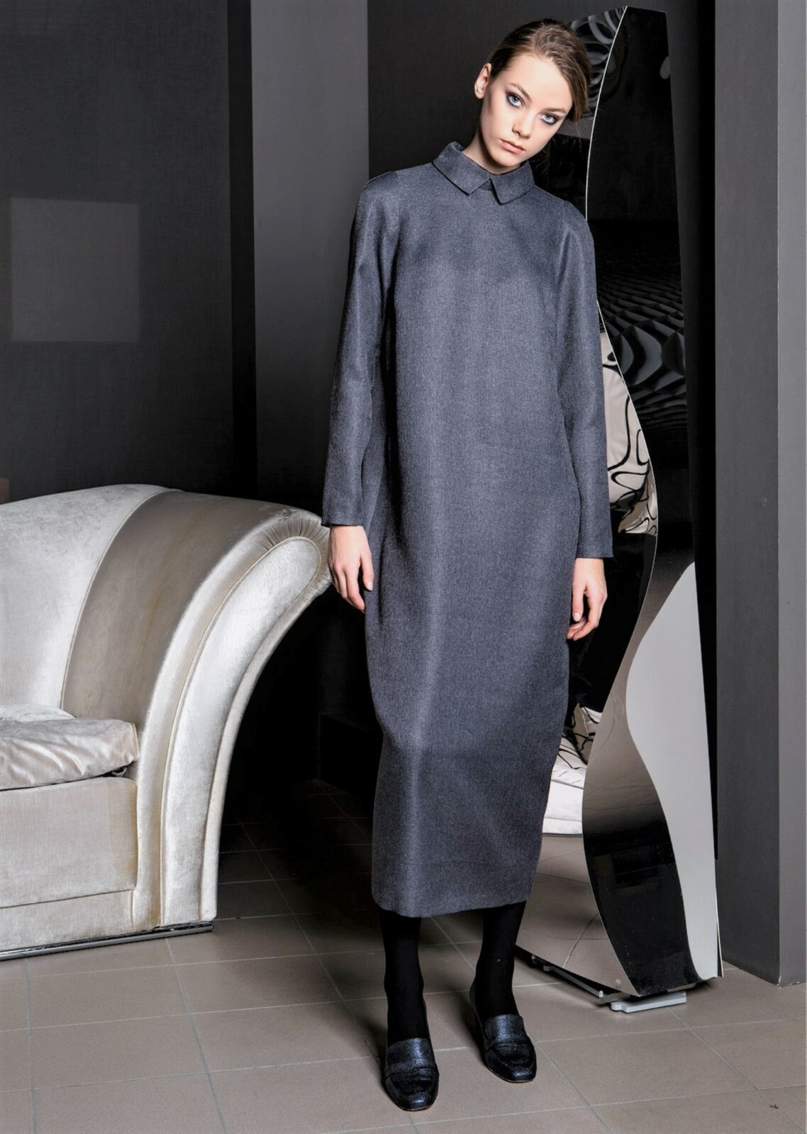 EUROPEAN WEAR TO WORK DRESS KAFTAN LONG SLEEVES COLLARED GRAY TALL L 14