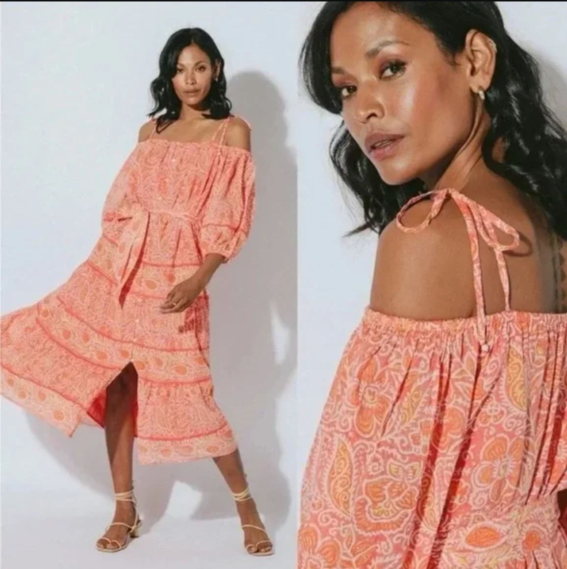 Cleobella Violet Midi Dress Blossom Floral Block Print Orange Peach Pink Medium