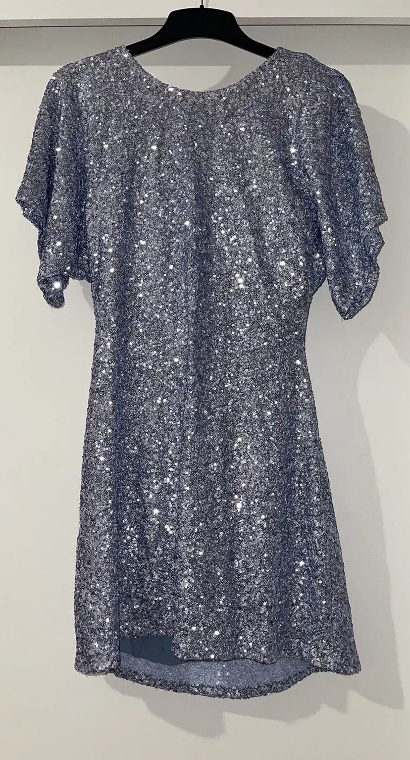 ZARA BLUE GREY SEQUINNED MINI DRESS WITH FLOWING AT BACK NECKLINE SIZE M BNWT