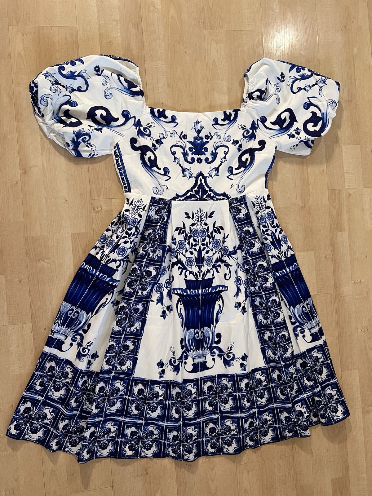 One & One Blue White Tile Print Puff Sleeve Dress Women’s 4XL Mediterranean Chic