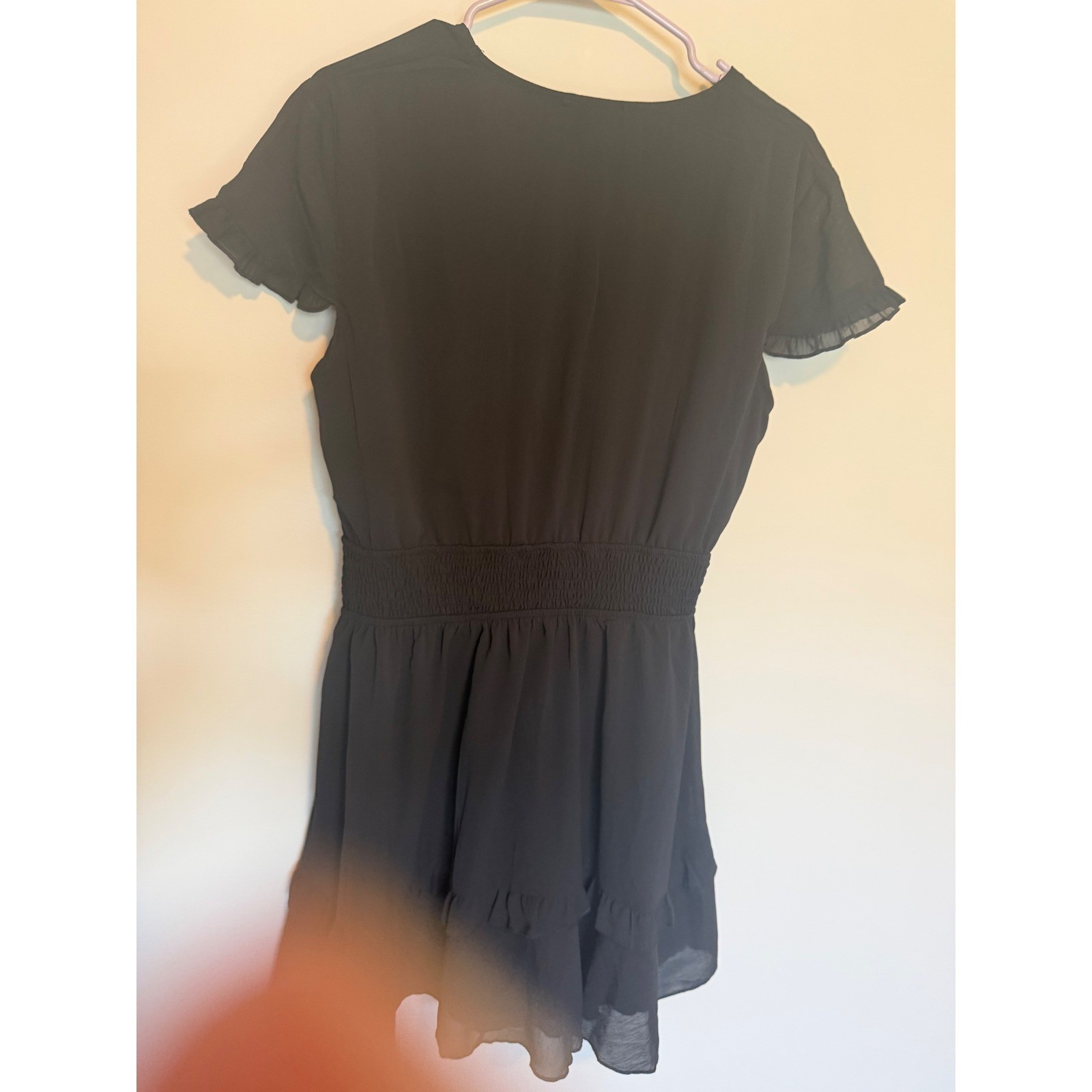 Prettygarden Black Tie Front V Neck Smocked Waist Ruffle Mini Dress Large NWT