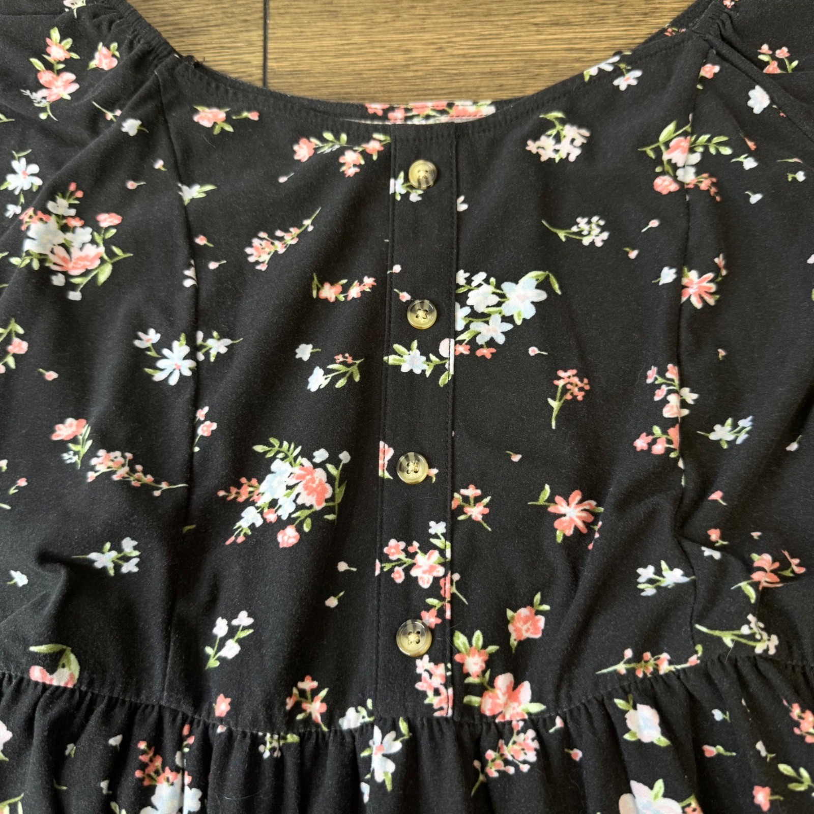 Black Floral Puff Sleeve Button Front High Low Tie Waist Dress Womens Large