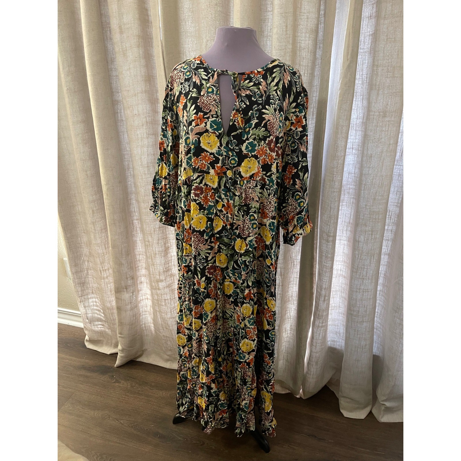 Natural Life Floral Maxi Dress Long Sleeve Button Cuff L/XL Flowy Boho
