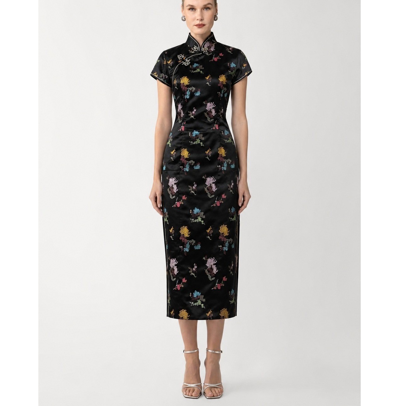 Vtg Chinese Qipao Midi Dress 36 Black Floral Satin Cheongsam Fitted Silk Brocade