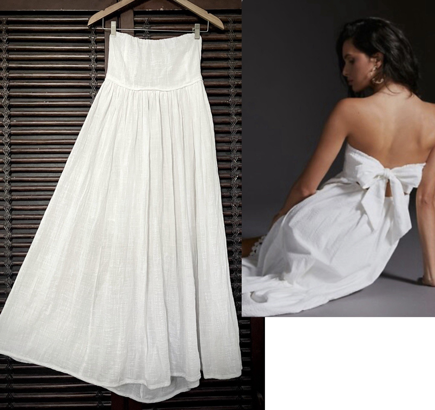 Anthropologie Olivaceous Sz L White Maxi Dress Cotton Gauze Tie Back Strapless