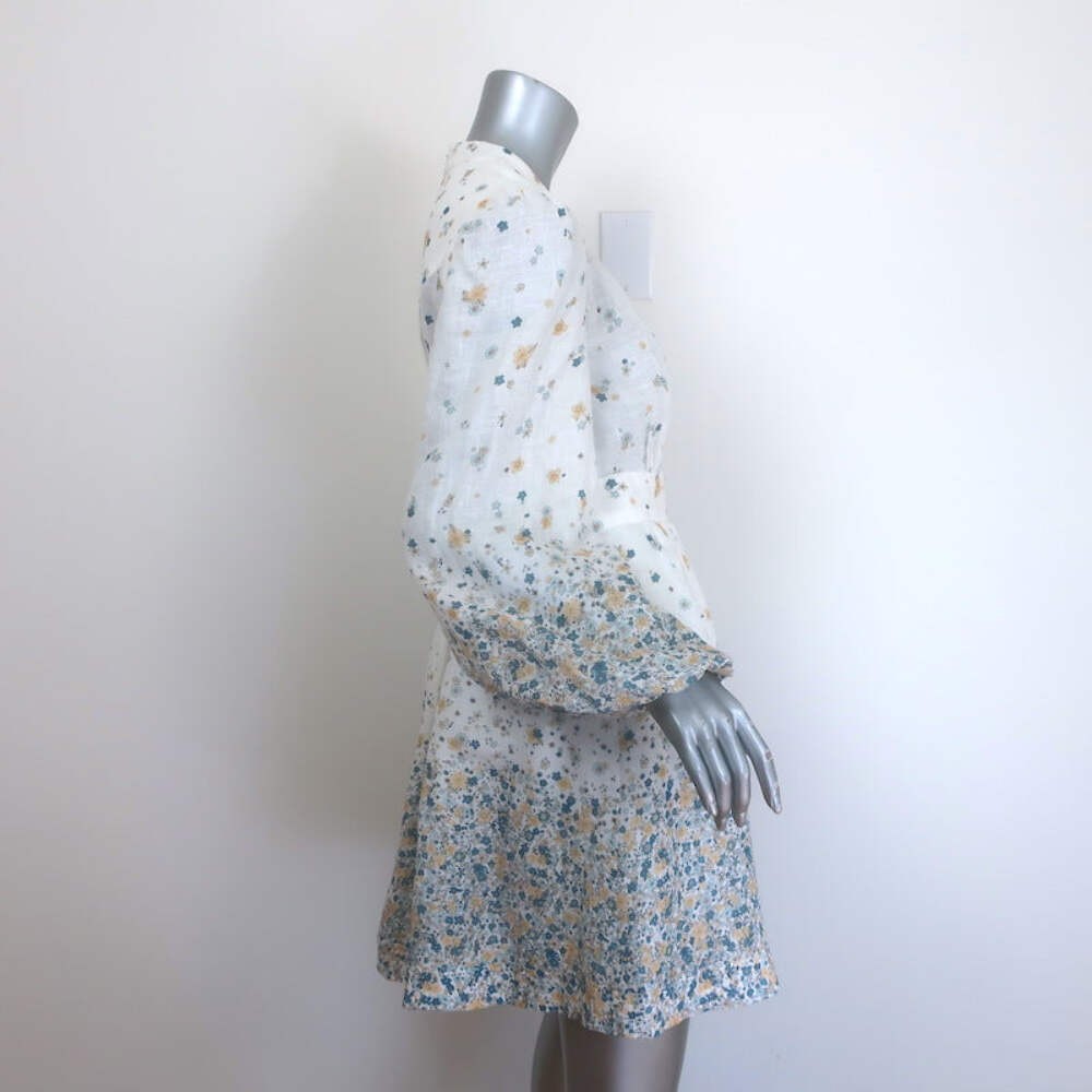 Zimmermann Carnaby Puff Sleeve Mini Dress White Ditsy Floral Print Linen Size 1