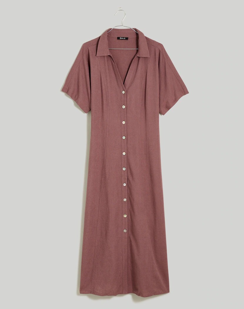 Madewell Short-Sleeve Button-Front Midi Shirtdress Dress 28W Linen Mint NP358