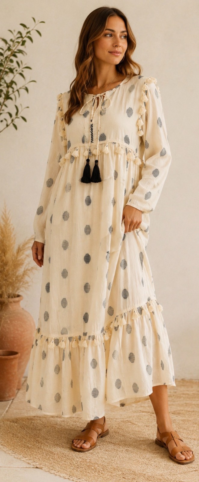 Roma Boho Cotton Maxi Dress Ivory Black Polka Dot Tassel Trim Long Sleeve Sz