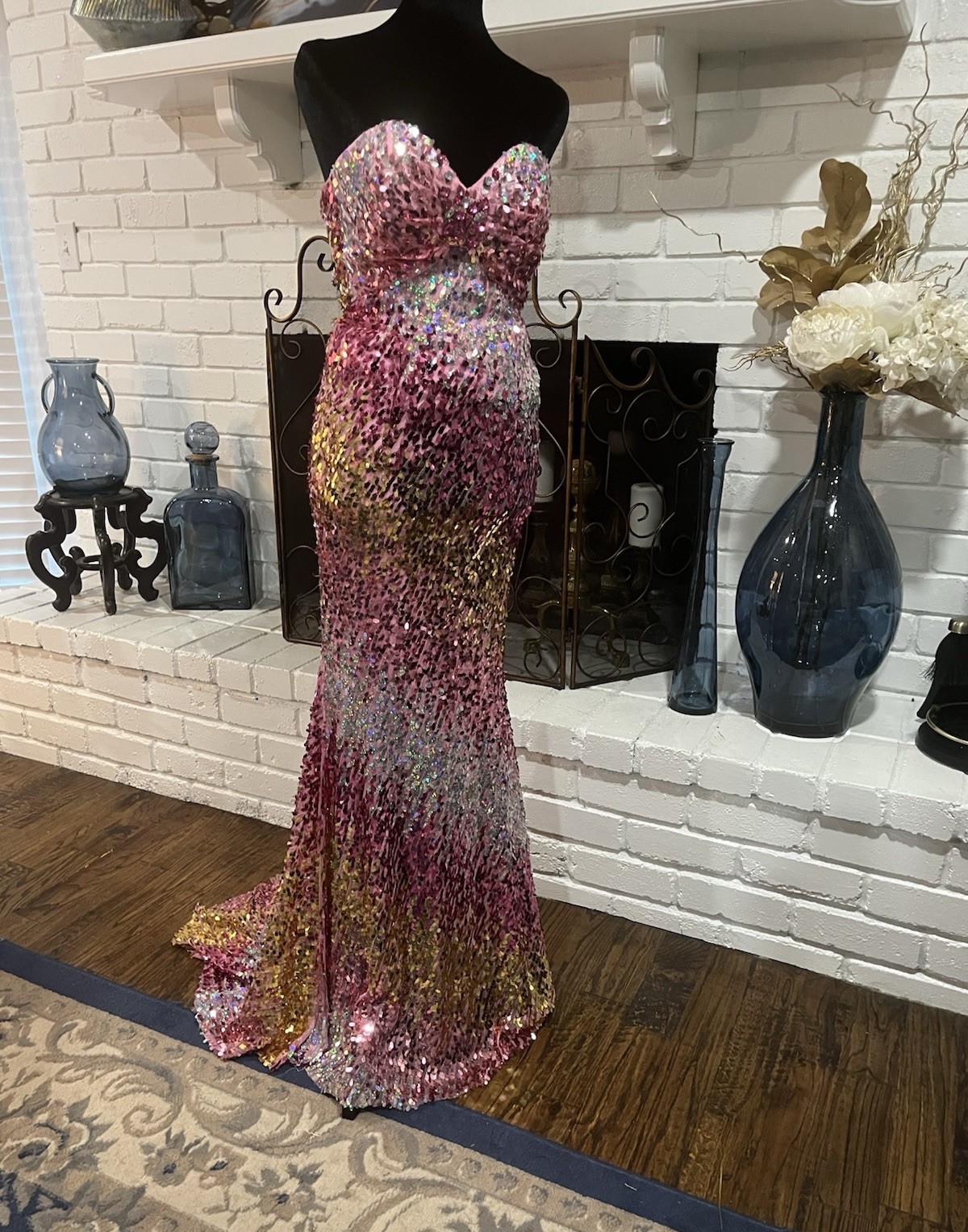 Jovani Strapless Sweetheart Sequin Ombre Mermaid Gown Pink Gold Silver 0