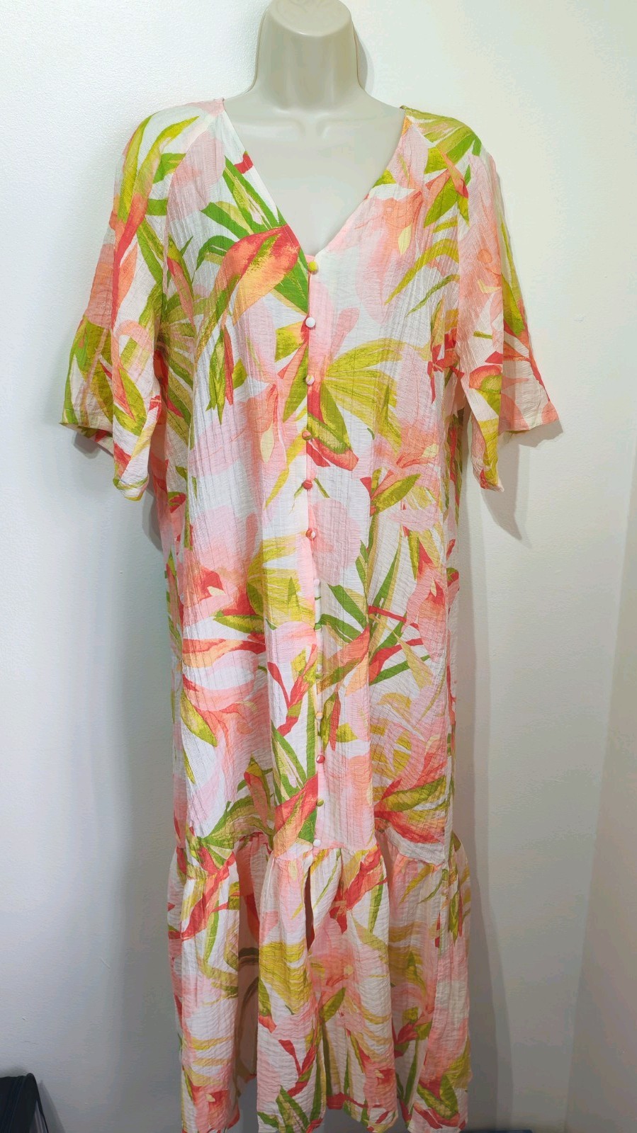 H&M Orange Green Floral Kaftan Shirt Maxi Dress Holiday Beach Cruise Hippie Boho