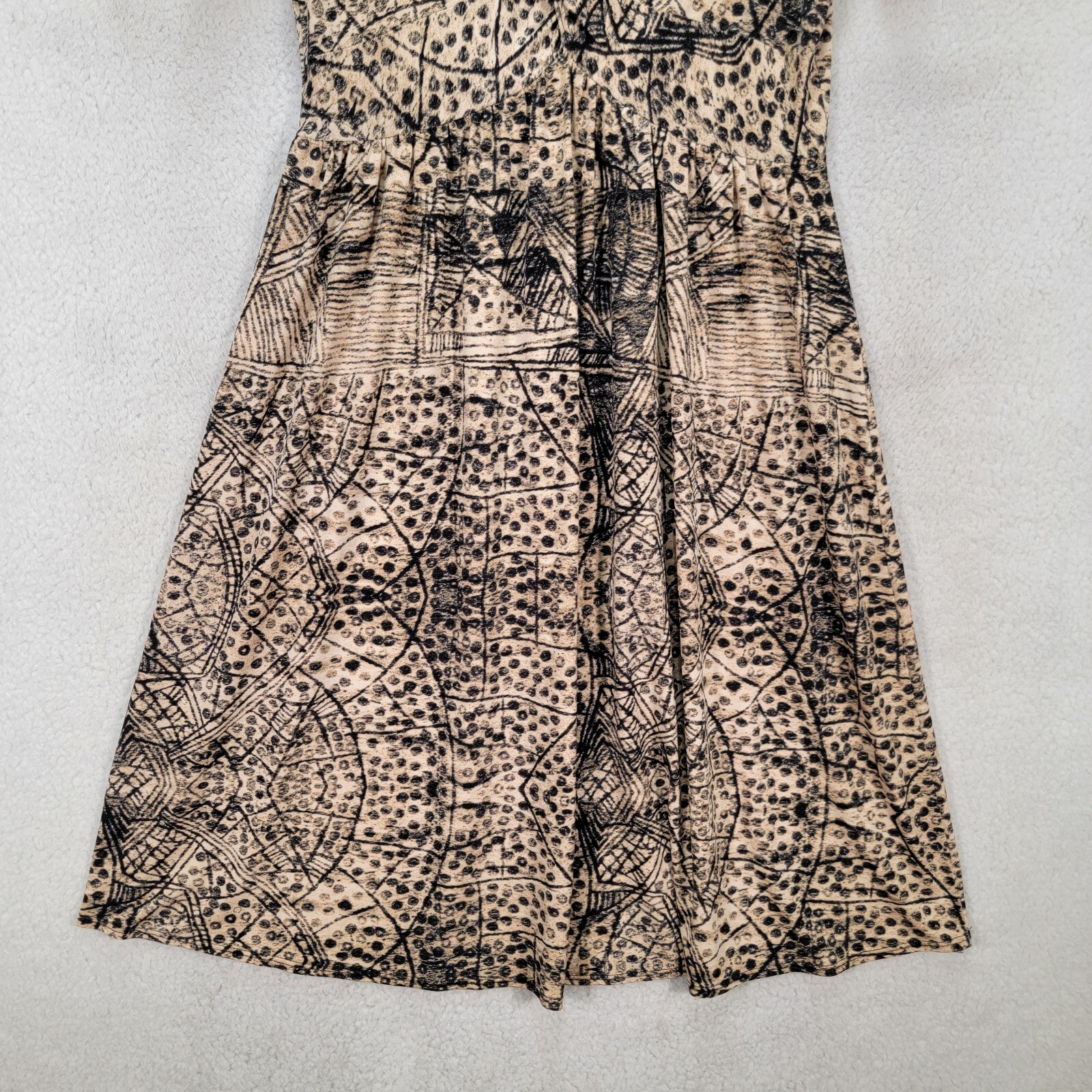 Vtg 90s Max Edition Beige Retro Print Jersey Stretch A Line Womens Dress Size M