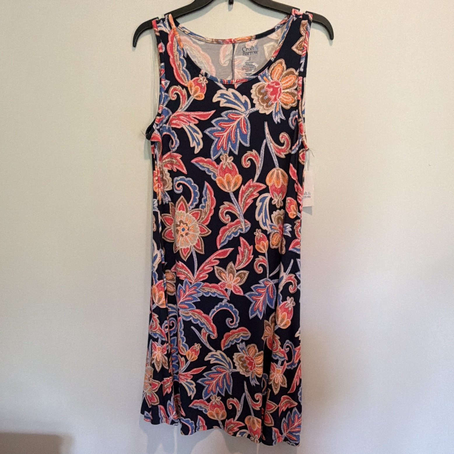 Croft & Barrow Navy Multicolor Floral Knit Midi Shift Dress S Scoop Neck