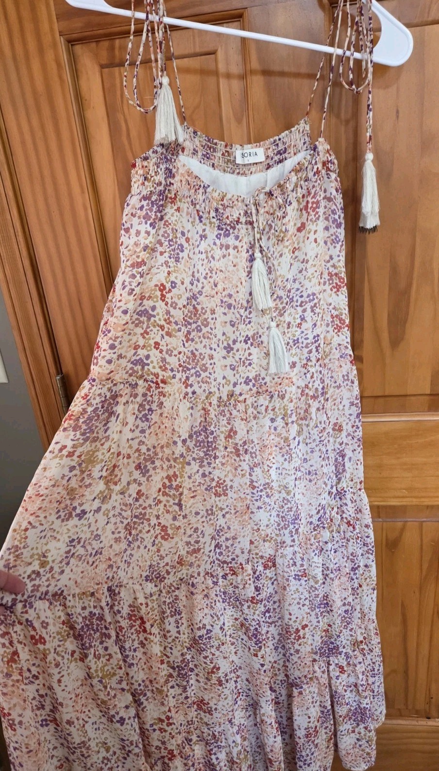 STORIA Ruffled Tiered Maxi Spring Sundress Sz S Tie Straps Boho Cottage Whimsy