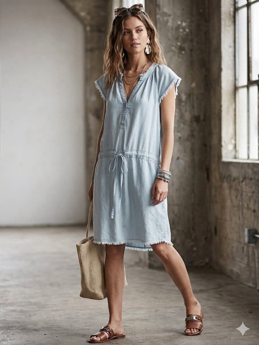 Melissa Nepton Tencel Chambray Shirt Dress Frayed Edges Blue Sz M