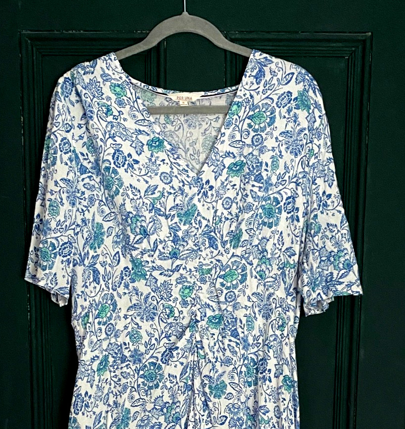 Per Una Size 16 Regular White Blue Print Short Sleeve Summer 44″ Midi DRES