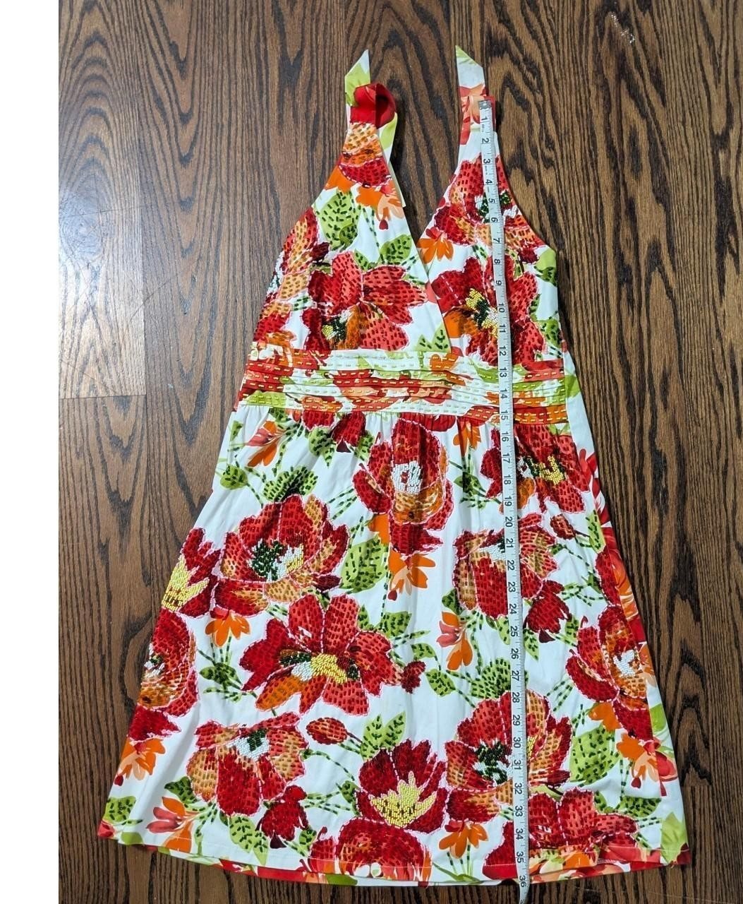 🍊 Vibrant Tropical Floral Halter Mini Summer Sundress w Beaded Embroidery