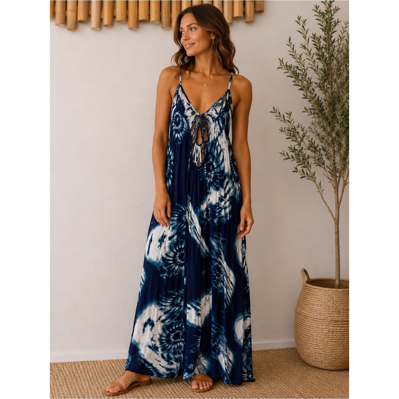 Anthropologie Blue Abstract Print Open Back Maxi Dress Size Small Boho Resort