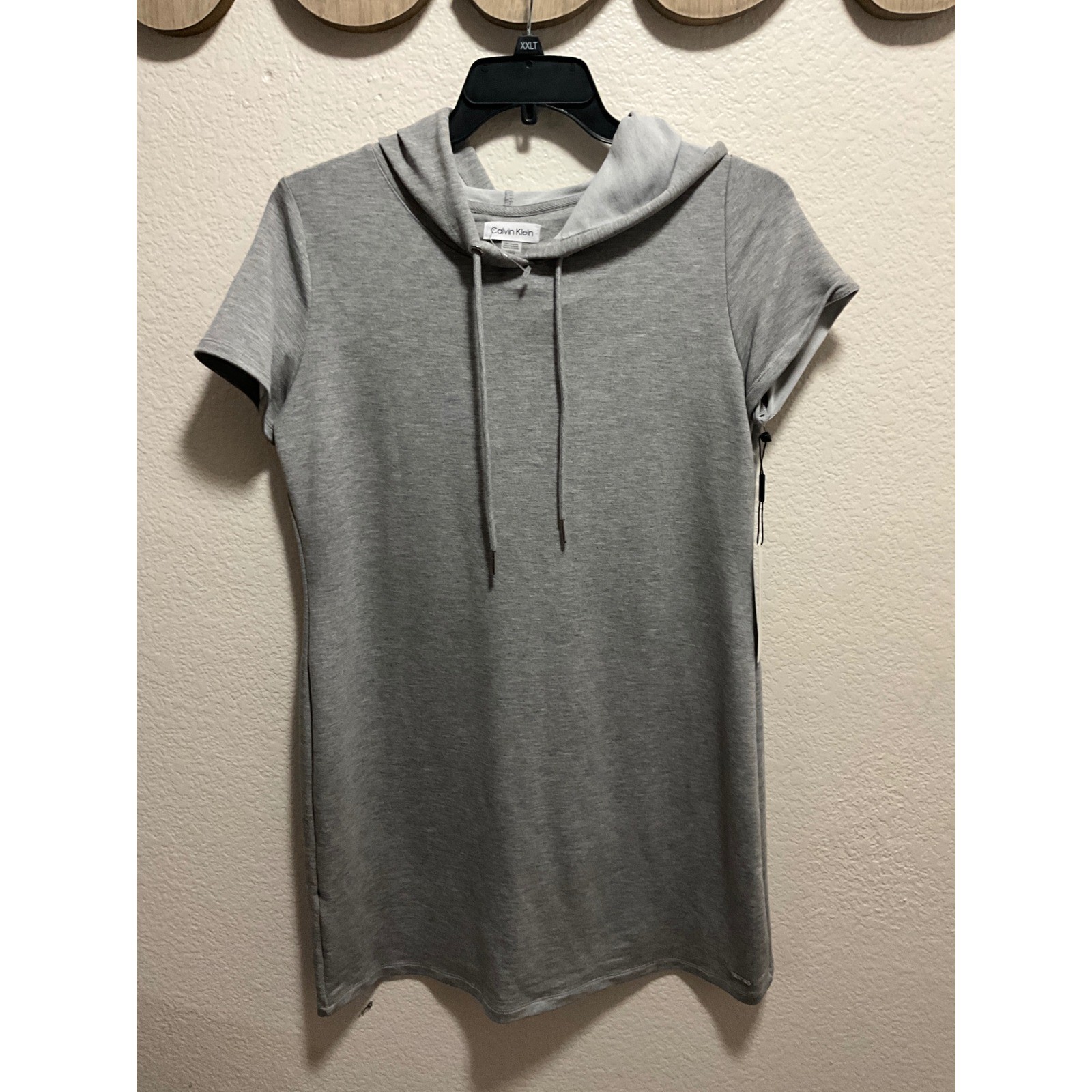 Calvin Klein Women Gray Hooded Short Sleeve Tunic Dress Size L G