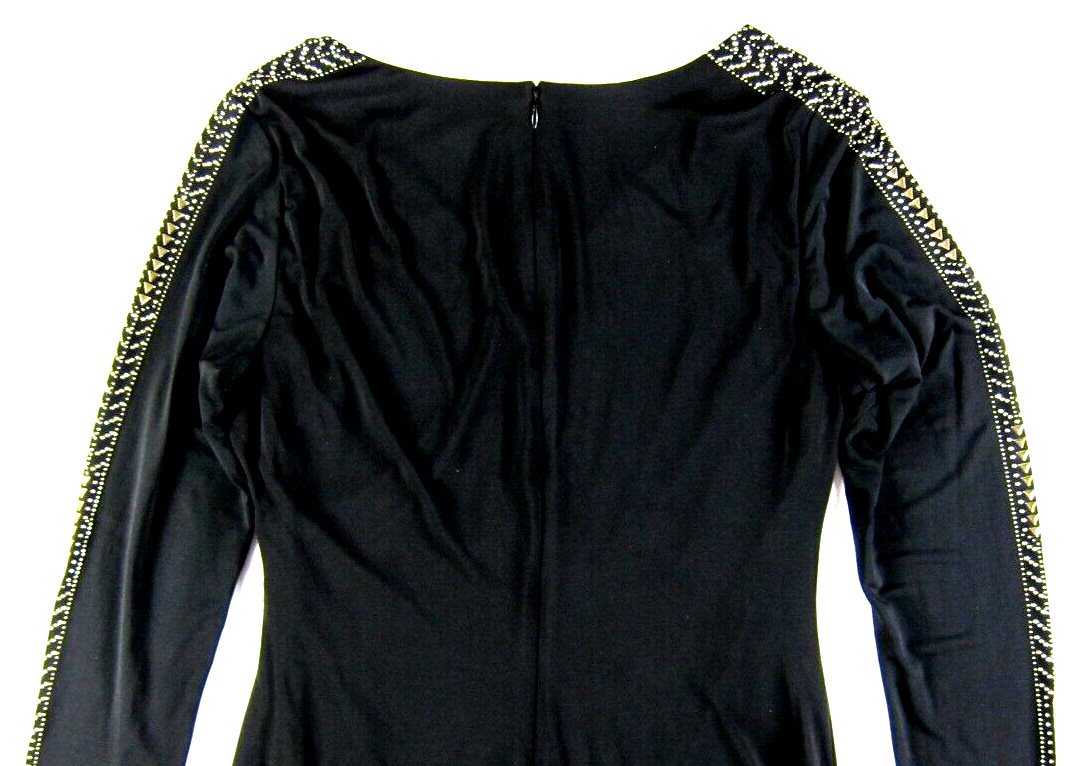 GUESS Black Stretch Ruche Silver Studded Beaded VNeck Long Sleeve Sheath Dress L