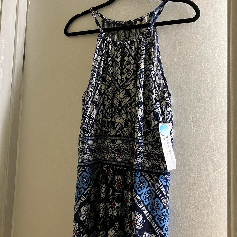 London Style Collection Blue and White Halter Dress size 14 NWT Maxi Length