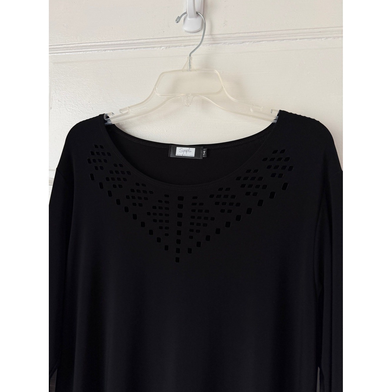 Sympli Black Swing Dress Laser Cut Neckline Classic Minimalist Lagenlook 14