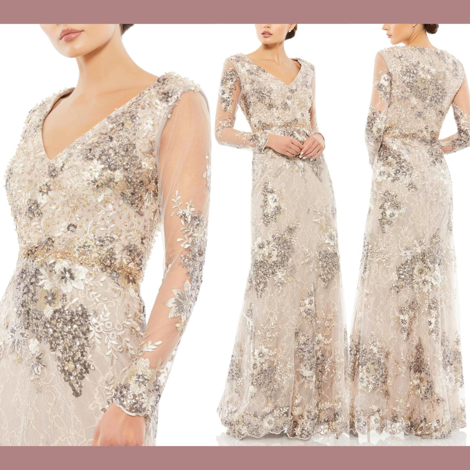 NWT Mac Duggal [ 20 ] 67539 Embellished V Neck Illusion Long Sleeve Gown J1491