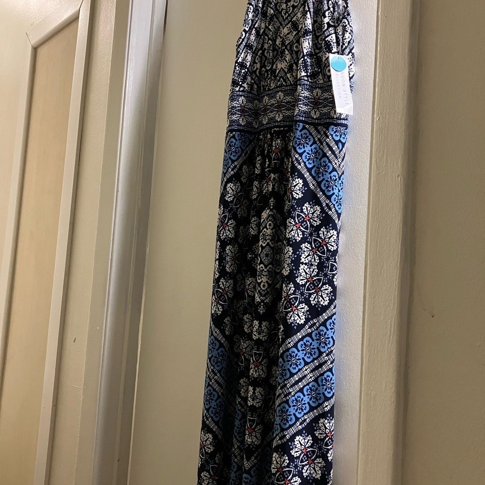 London Style Collection Blue and White Halter Dress size 14 NWT Maxi Length