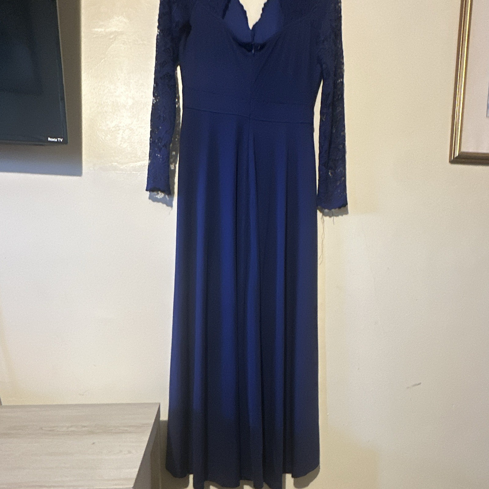 Womens M Blue Solid Lace V-Neck Long Sleeve Maxi Long Dress Polyester Spandex