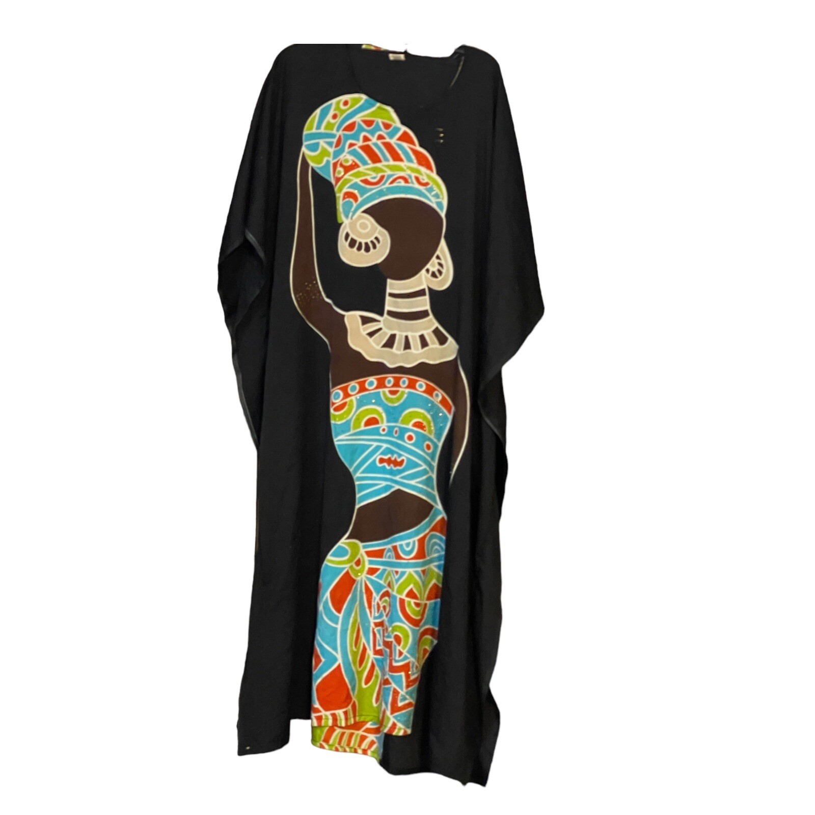 Seven Islands Muumuu Dress Caftan Kimono Black African Theme One Size M L XL XXL